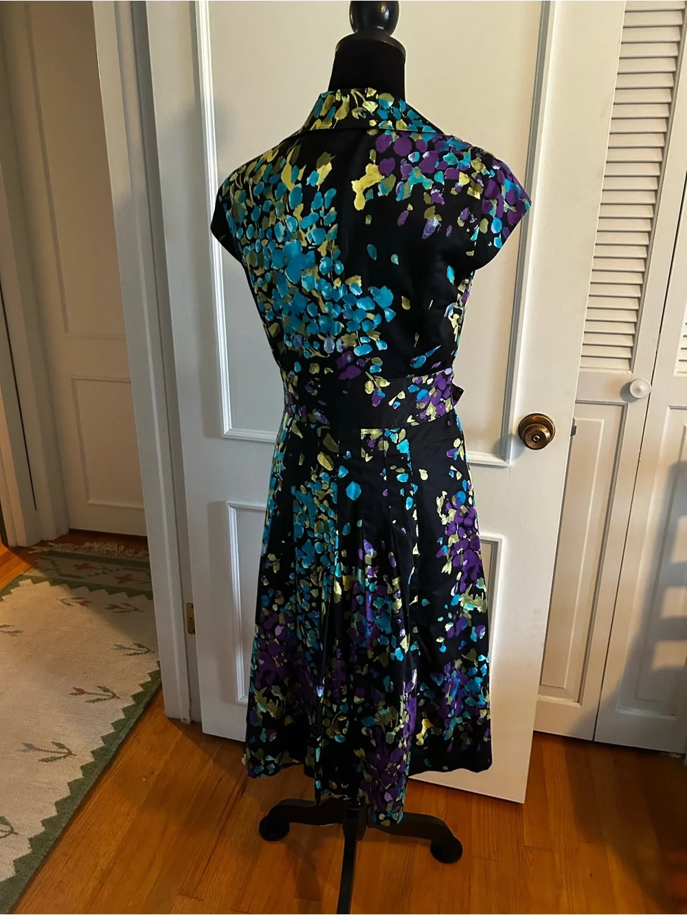 Black Floral Tie-Waist Shirt Dress with Teal and Purple Accents